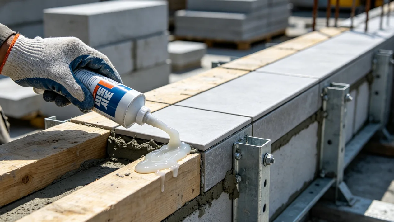 Construction worker applying structural adhesive on concrete masonry blocks