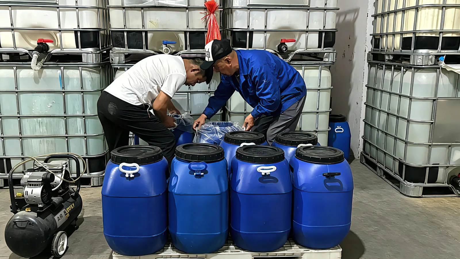 Desay workers preparing customer order — packing adhesive for shipment